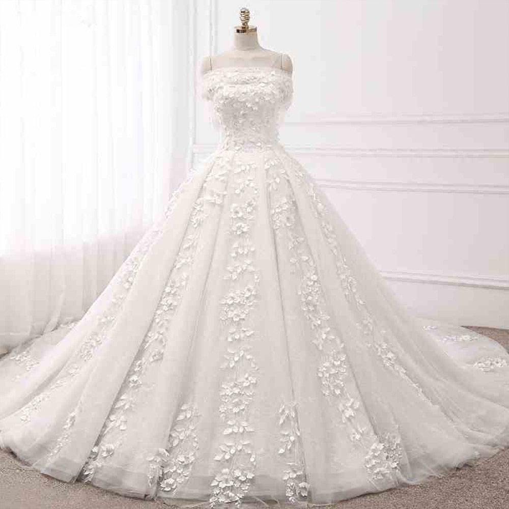 Removable Bow Beaded Lace Flowers Princess Wedding Gown Romantic Wedding Dresses BlissGown 