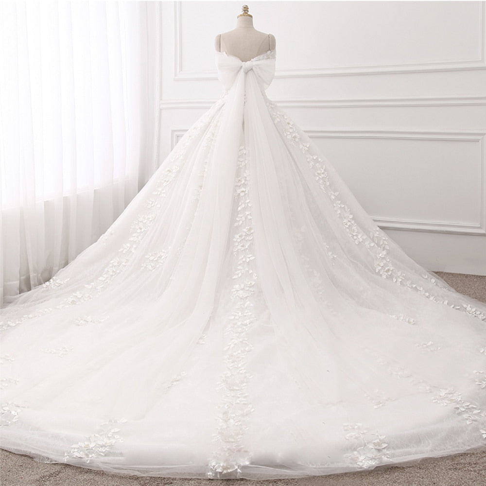 Removable Bow Beaded Lace Flowers Princess Wedding Gown Romantic Wedding Dresses BlissGown 