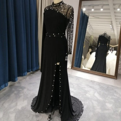 Rhinestones Beaded High Neck Full Sleeves Evening Dress Evening & Formal Dresses BlissGown black 12 China, 10cm