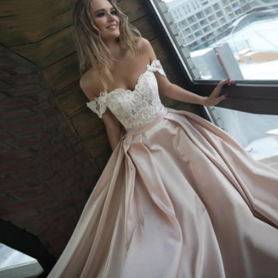 Romantic Off Shoulder Elegant Satin Wedding Dress Romantic Wedding Dresses BlissGown 