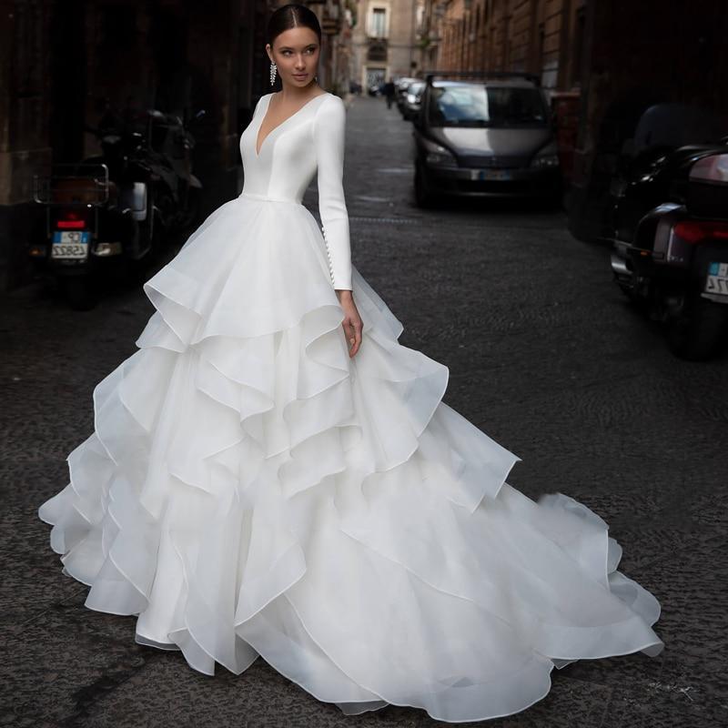 Romantic V-Neck Long Sleeve Organza Court Train Wedding Dress Classic Wedding Dresses BlissGown 