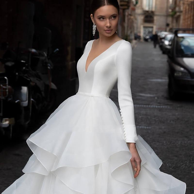 Romantic V-Neck Long Sleeve Organza Court Train Wedding Dress Classic Wedding Dresses BlissGown 