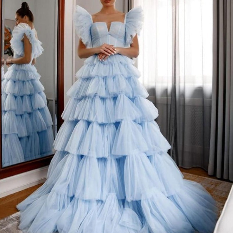 Ruffled Long Tulle Cake A Line Sleeveless Tiered Prom Dress Ball Gown Prom Dresses BlissGown 