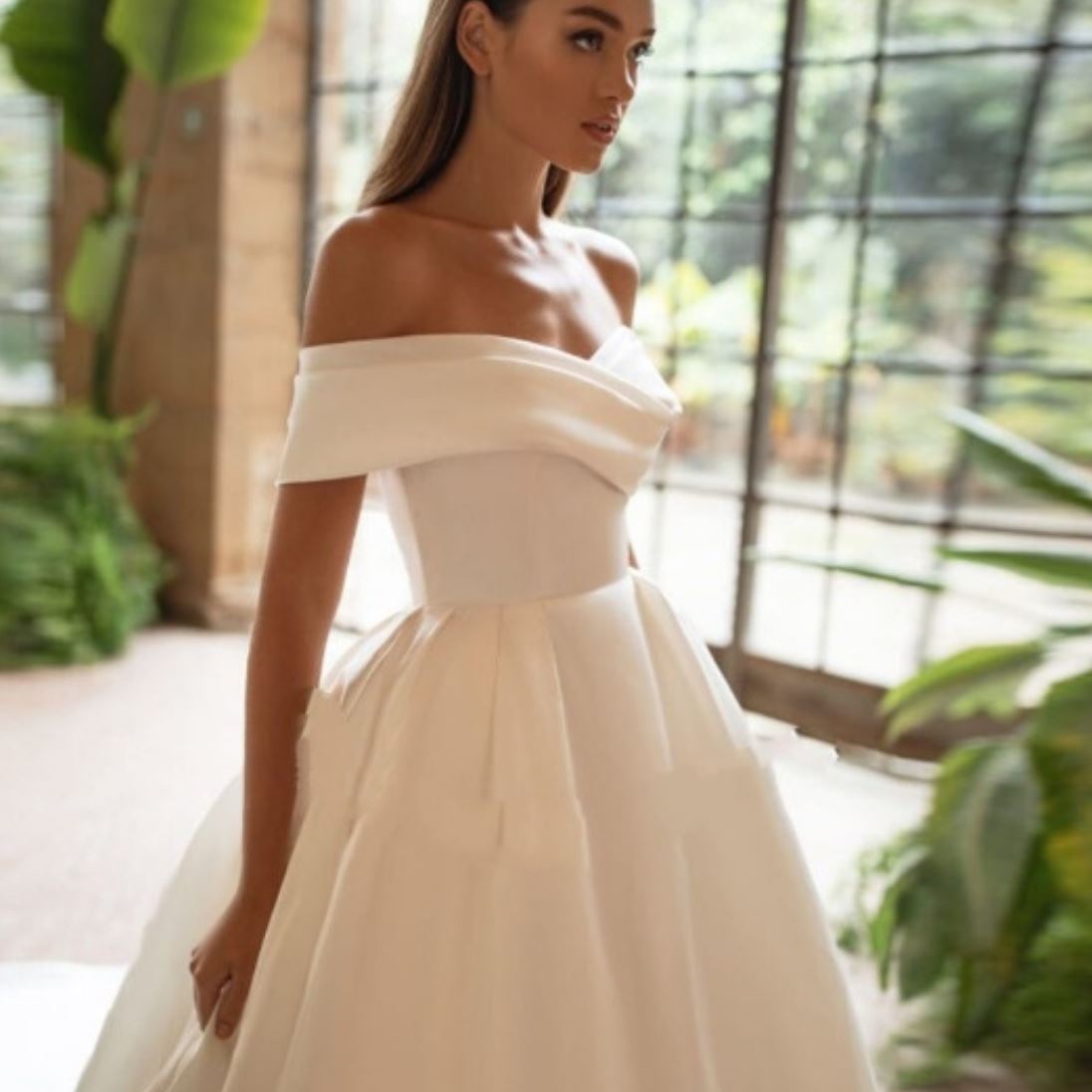 Satin Ball Gown Off Shoulder Simple V-Neck Luxury Wedding Dress Luxury Wedding Dresses BlissGown 
