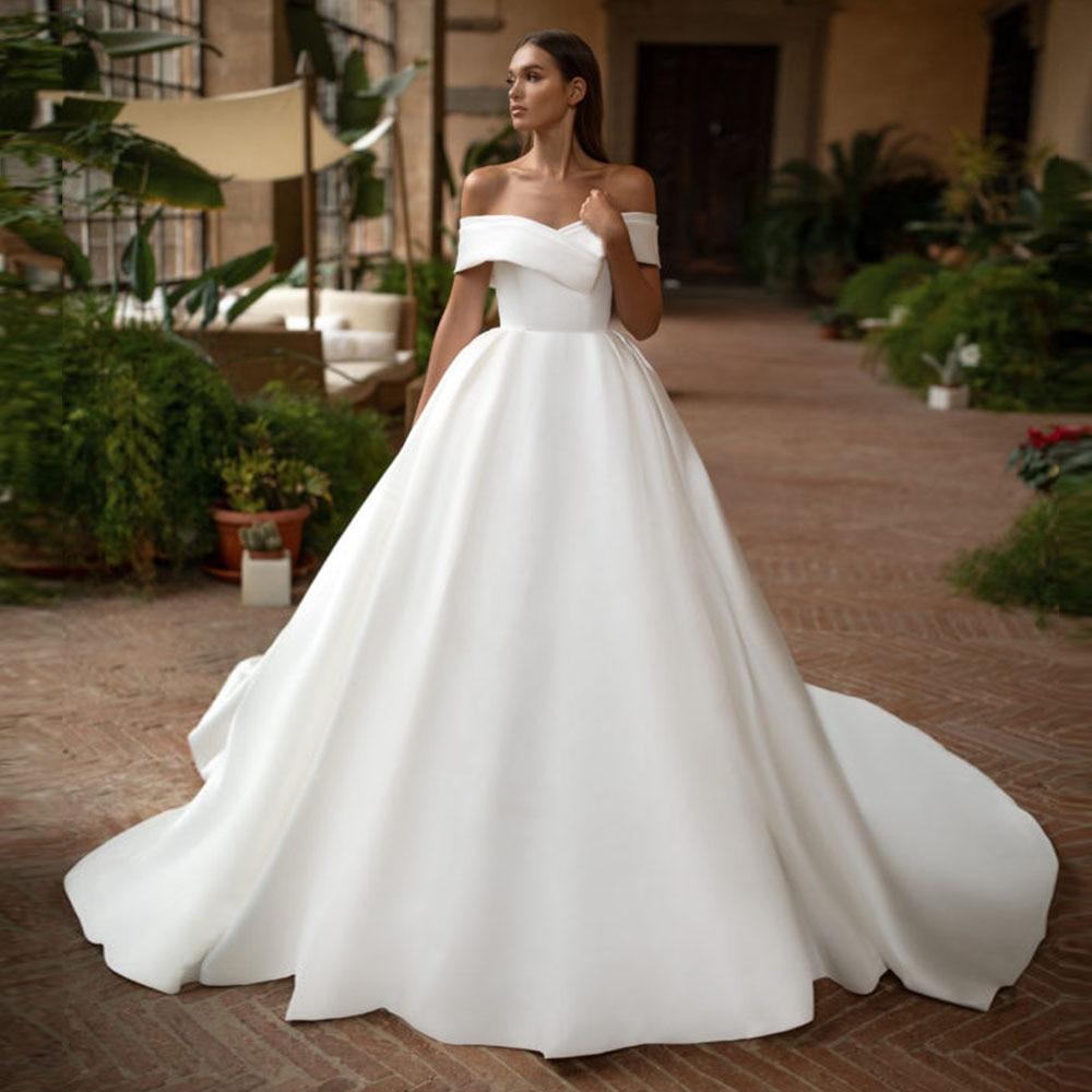 Satin Ball Gown Off Shoulder Simple V-Neck Luxury Wedding Dress ...
