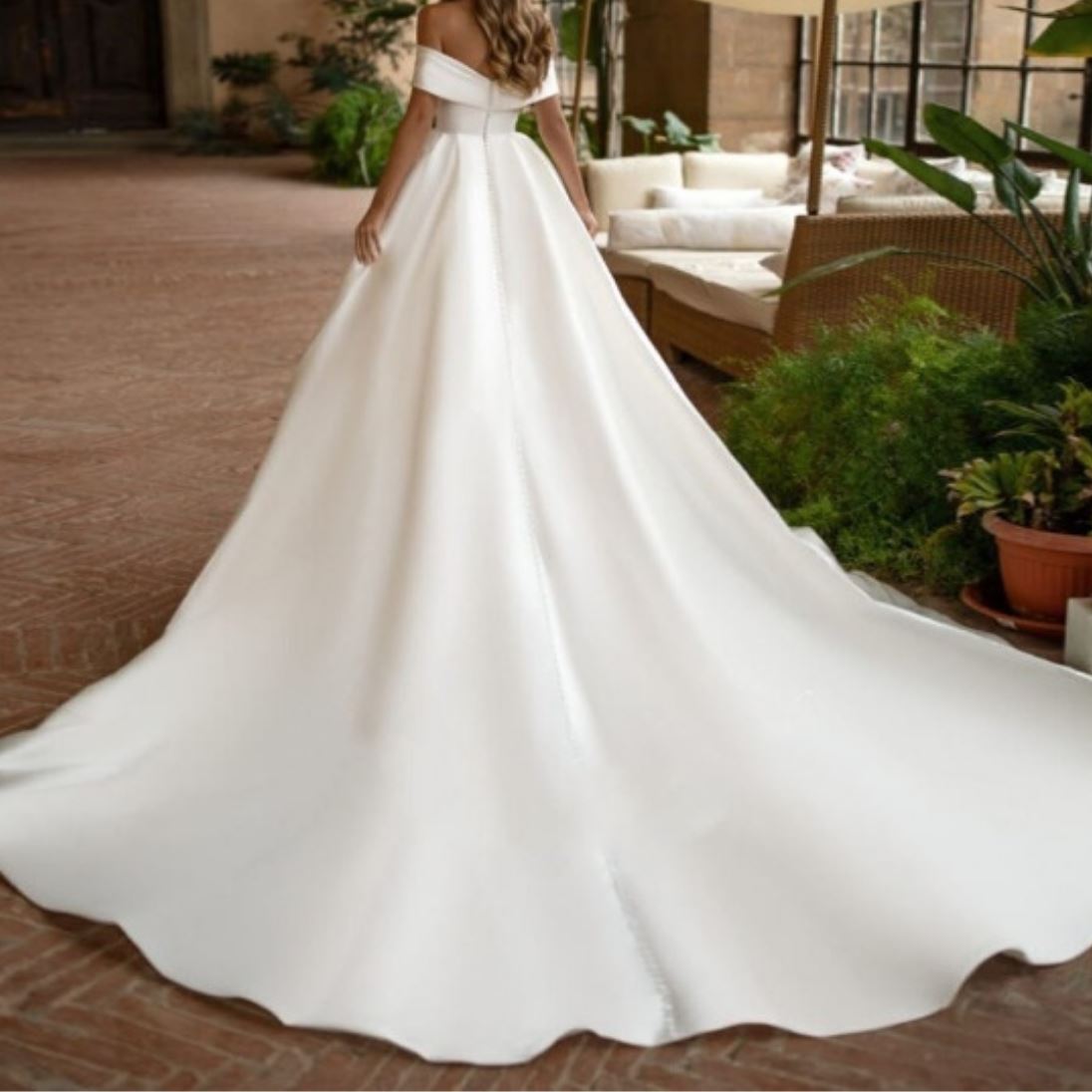 Satin Ball Gown Off Shoulder Simple V-Neck Luxury Wedding Dress Luxury Wedding Dresses BlissGown 