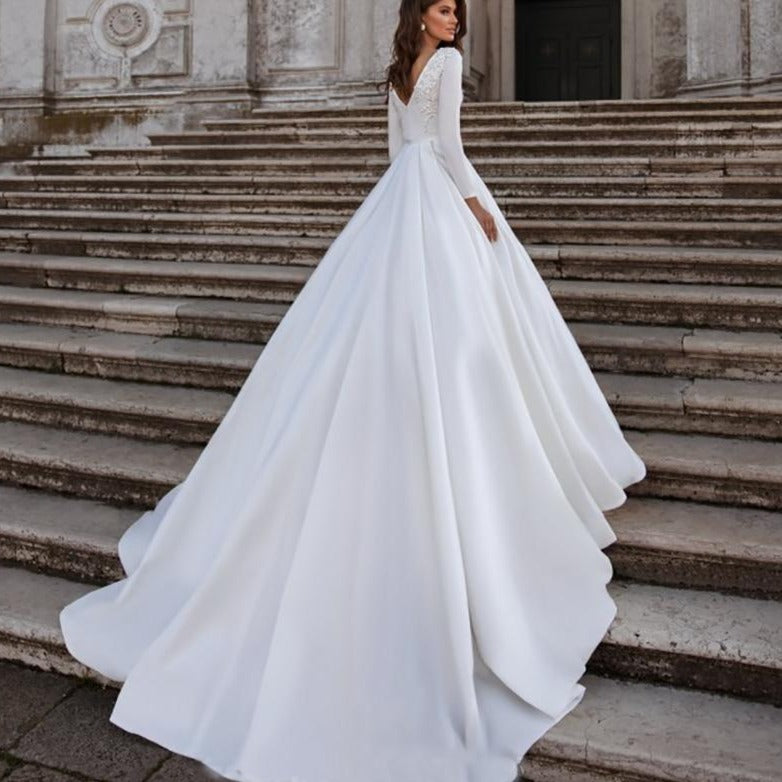 Satin Elegant Long Sleeve A-line Wedding Dress Classic Wedding Dresses BlissGown 