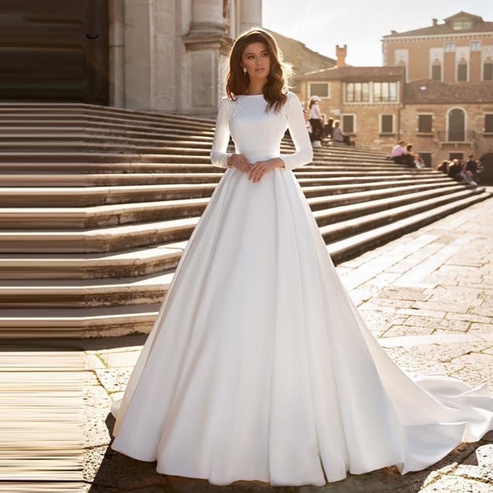 Satin Elegant Long Sleeve A-line Wedding Dress Classic Wedding Dresses BlissGown 