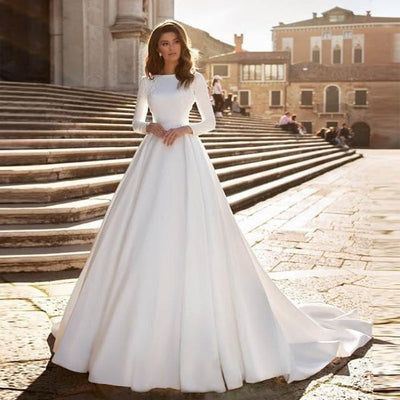 Satin Elegant Long Sleeve A-line Wedding Dress Classic Wedding Dresses BlissGown Ivory Custom Size 