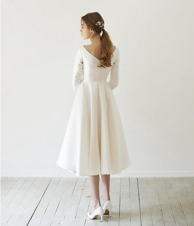 Satin Mid-Calf Tea length With Sleeve New Simple Wedding Dress Sexy Wedding Dresses BlissGown 