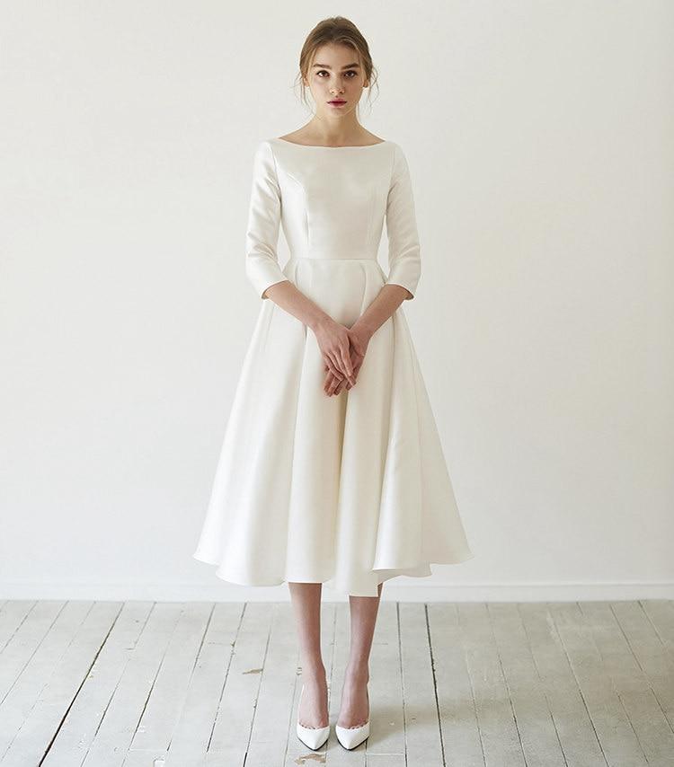 Satin Mid-Calf Tea length With Sleeve New Simple Wedding Dress Sexy Wedding Dresses BlissGown 