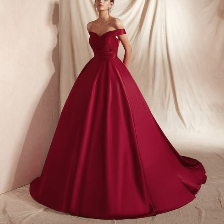 Satin Off Shoulder Princess Ball Gown Evening Gown Evening & Formal Dresses BlissGown 