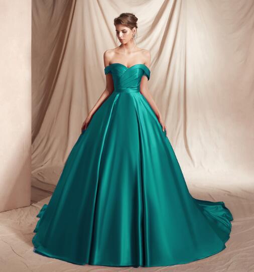 Satin Off Shoulder Princess Ball Gown Evening Gown Evening & Formal Dresses BlissGown 