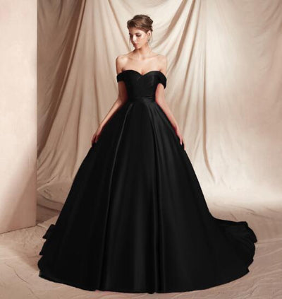 Satin Off Shoulder Princess Ball Gown Evening Gown Evening & Formal Dresses BlissGown Black 2 