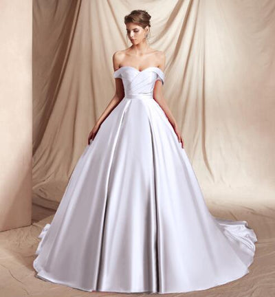 Satin Off Shoulder Princess Ball Gown Evening Gown Evening & Formal Dresses BlissGown White 2 