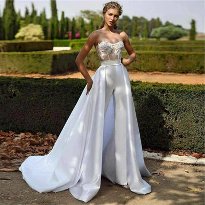 Satin Pants Sleeveless Jumpsuit With Detachable Train Bridal Gown Sexy Wedding Dresses BlissGown 