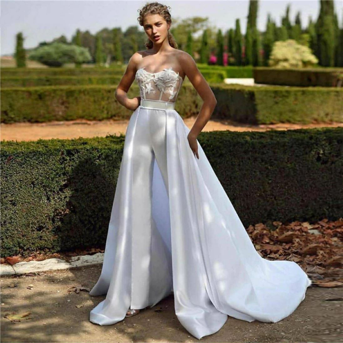 Satin Pants Sleeveless Jumpsuit With Detachable Train Bridal Gown Sexy Wedding Dresses BlissGown 