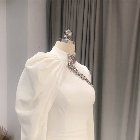 Satin Simple Ivory Crystal Long Sleeves Wedding Dress Vintage Wedding Dresses BlissGown 