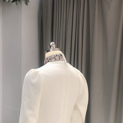 Satin Simple Ivory Crystal Long Sleeves Wedding Dress Vintage Wedding Dresses BlissGown 