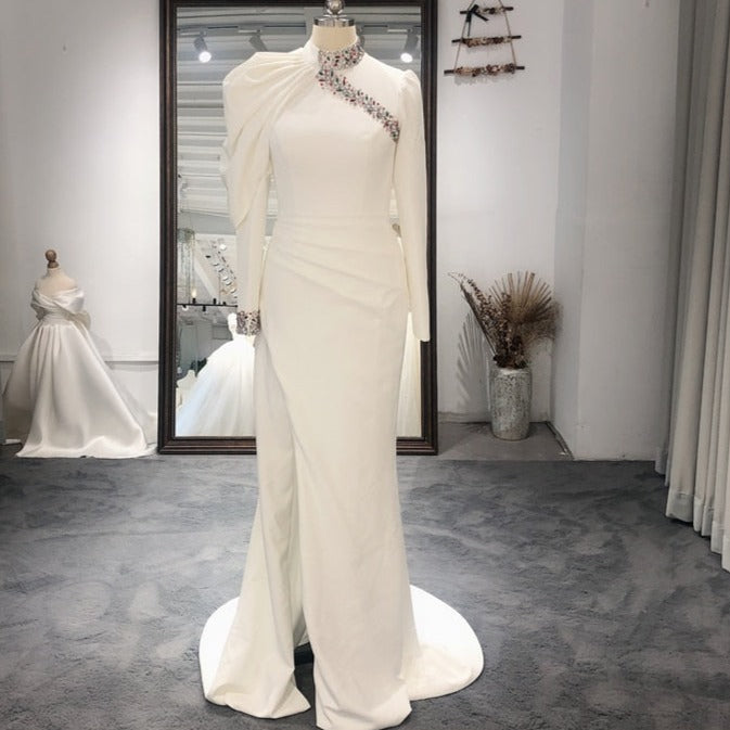 Satin Simple Ivory Crystal Long Sleeves  Wedding Dress