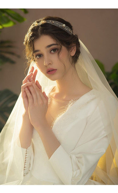 Satin Train Long Sleeves Lace V-Neck Wedding Dress Vintage Wedding Dresses BlissGown 