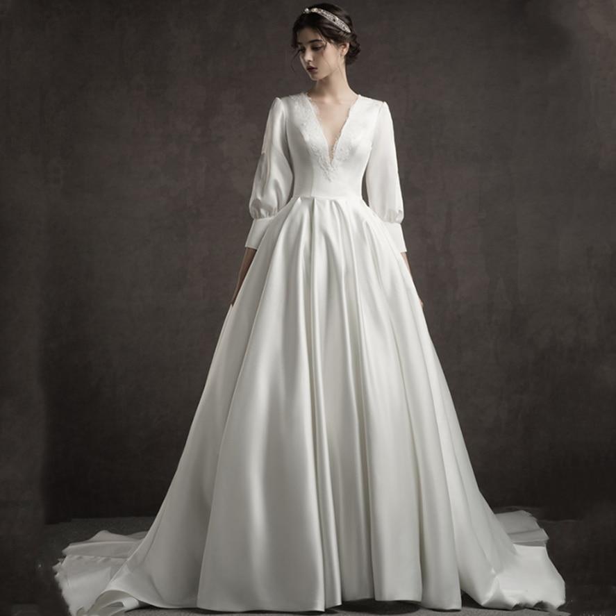 Satin Train Long Sleeves Lace V-Neck Wedding Dress Vintage Wedding Dresses BlissGown 