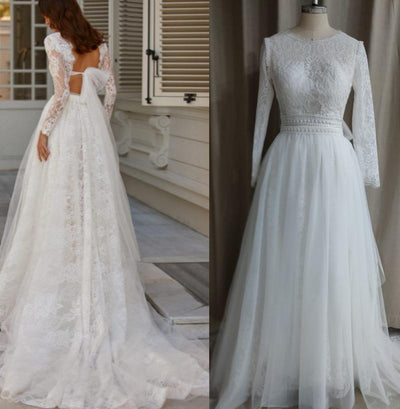 Scoop Full Long Sleeve Sexy Backless Lace Tulle Wedding Gown
