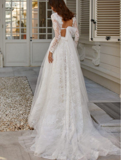 Scoop Full Long Sleeve Sexy Backless Lace Tulle Wedding Gown Sexy Wedding Dresses BlissGown 
