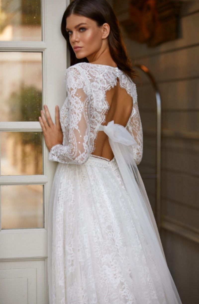 Scoop Full Long Sleeve Sexy Backless Lace Tulle Wedding Gown Sexy Wedding Dresses BlissGown 