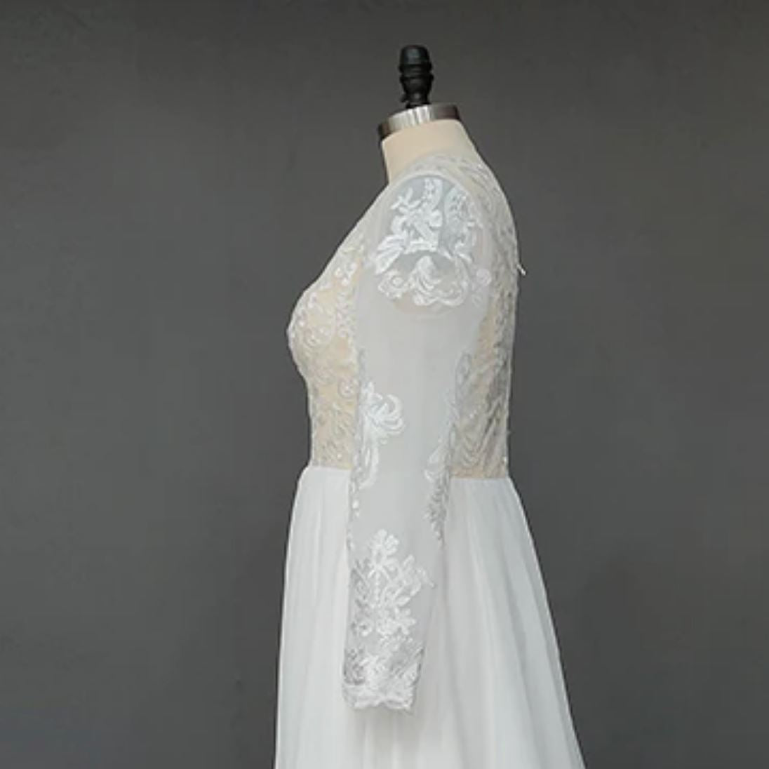 Scoop Long Sleeve Sweep Train Lace Bohemian Wedding Dress Boho Wedding Dresses BlissGown 