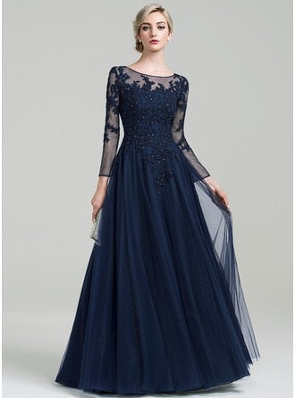 Scoop Neck A-Line Tulle Mother of the Bride Dress with Beading Sequins Mother of the Bride Dresses BlissGown Dark Navy 14 