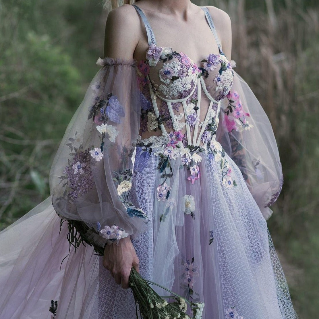 See-Through Sleeves Floral Print Layered Puffy Tulle Evening Dress Evening & Formal Dresses BlissGown 