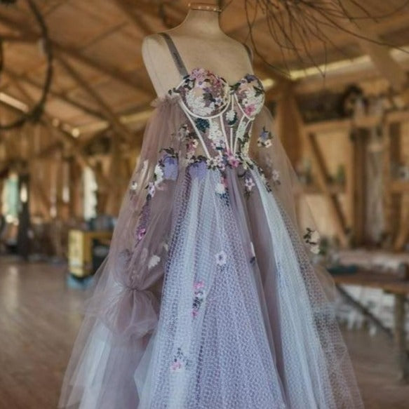 See-Through Sleeves Floral Print Layered Puffy Tulle Evening Dress ...