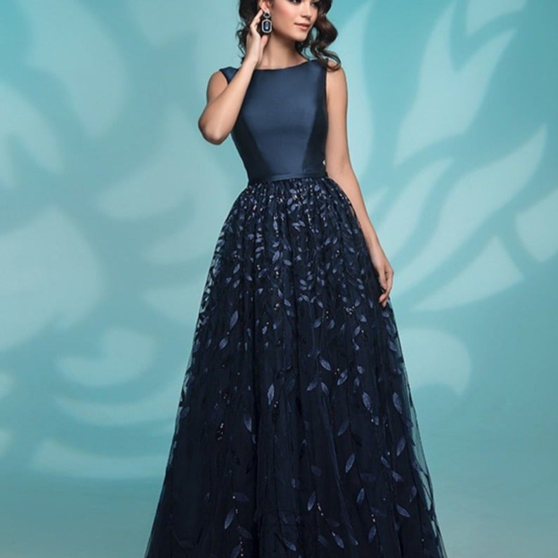 Sequin Elegant Long Dark Navy Evening Dress – BlissGown