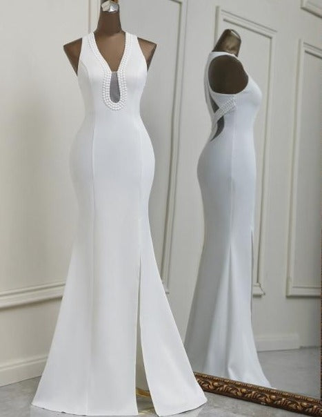 Sexy Back V-Neck Beading Satin Sleeveless Mermaid Prom Dress V-Neck Prom Dresses BlissGown white 10-- Lable size L 