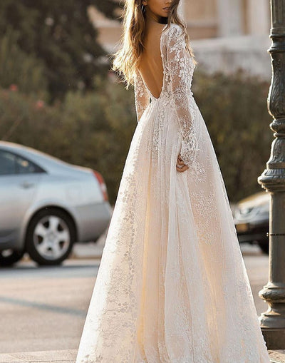 Sexy Backless Elegant Berta 3D Flora Lace Appliques Beach Bridal Gown Beach Wedding Dresses BlissGown 