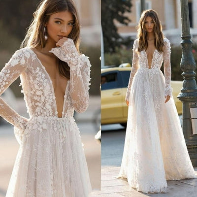 Sexy Backless Elegant Berta 3D Flora Lace Appliques Beach Bridal Gown Beach Wedding Dresses BlissGown 