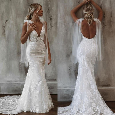 Sexy Backless Tulle Bows Chic Sequined Bohemian Bridal Gown Luxury Wedding Dresses BlissGown 