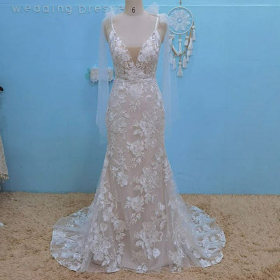 Sexy Backless Tulle Bows Chic Sequined Bohemian Bridal Gown Vintage Wedding Dresses BlissGown 