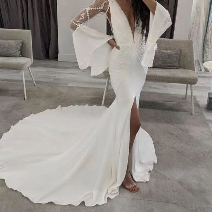 Sexy Boho Chic Shawl Long Sleeve Deep V Open Back Front Split Bridal Gown Boho Wedding Dresses BlissGown 