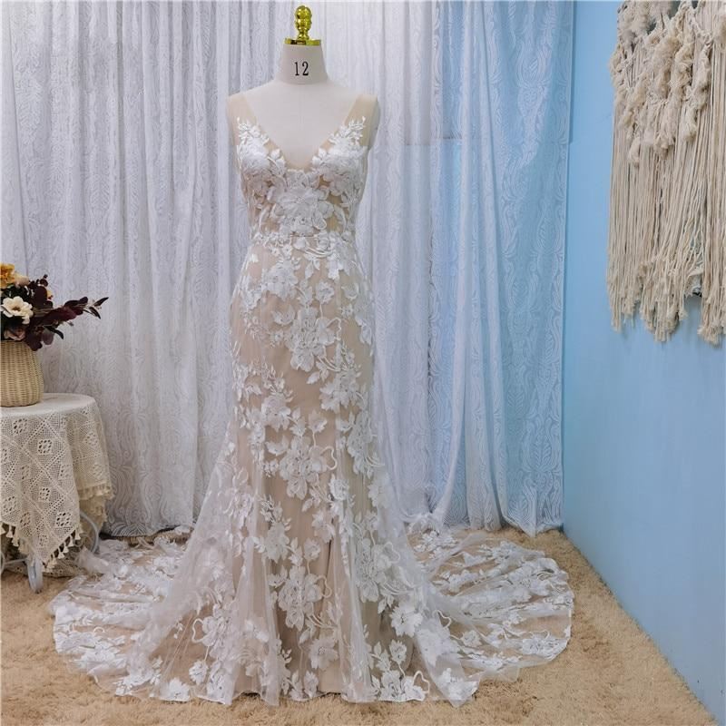Sexy Deep V Lace Bohemia Mermaid Wedding Dress Boho Wedding Dresses BlissGown 