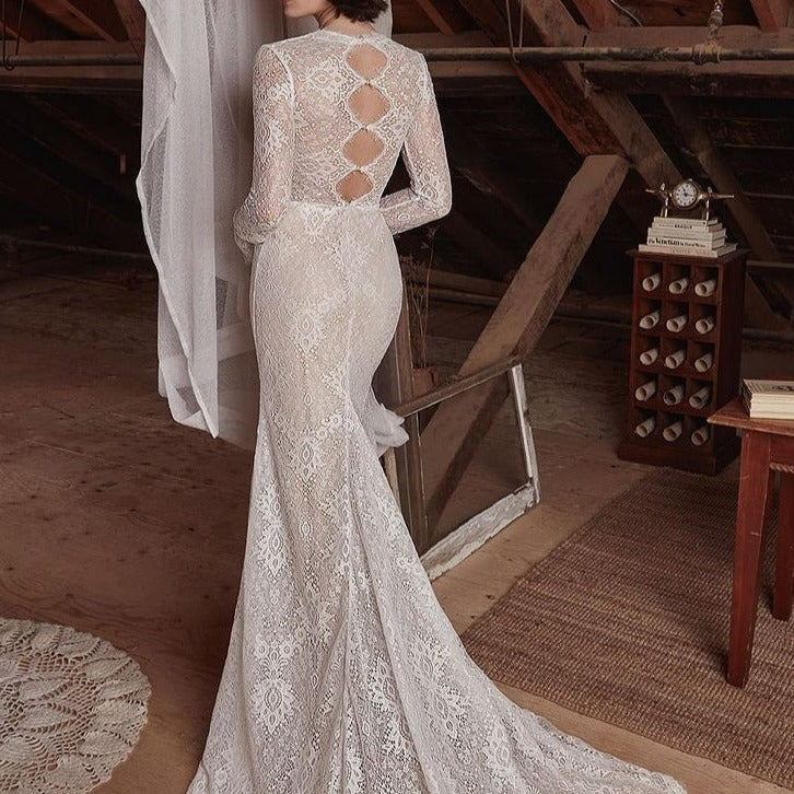 Sexy Deep V Lace Mermaid Vintage Long Sleeve Bridal Gown Vintage Wedding Dresses BlissGown 