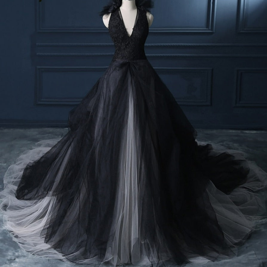 Sexy Deep V-neck Flower Black Gothic Wedding Dress Classic Wedding Dresses BlissGown 