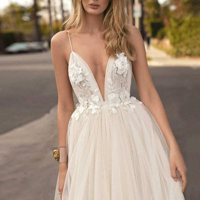 Sexy Deep V-Neck Lace Applique Backless Puffy Bridal Gown Beach Wedding Dresses BlissGown 