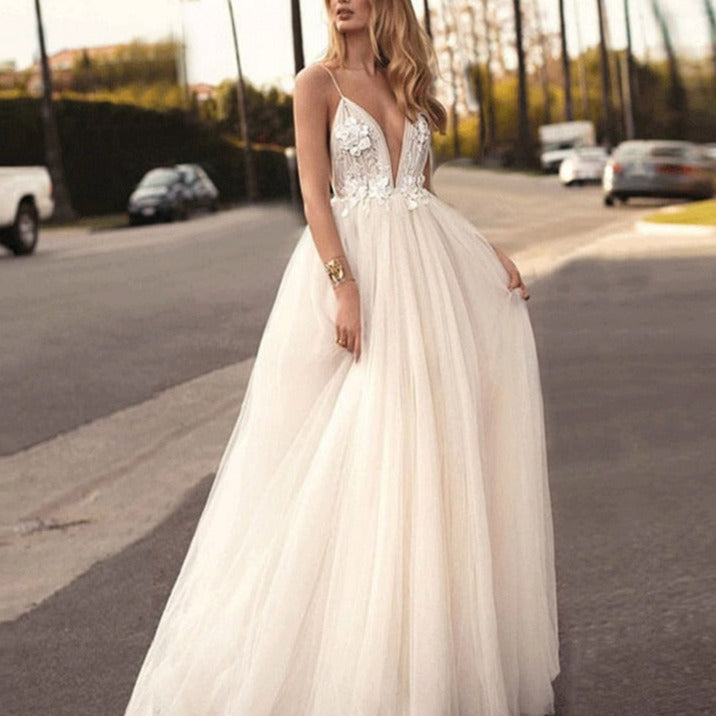 Sexy Deep V-Neck Lace Applique Backless Puffy Bridal Gown Beach Wedding Dresses BlissGown Same as picture 2 