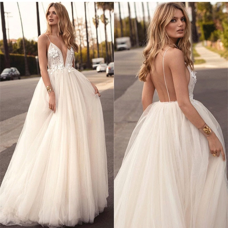 Sexy Deep V-Neck Lace Applique Backless Puffy Bridal Gown Beach Wedding Dresses BlissGown White 2 