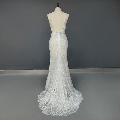 Sexy deep V-neck Spaghetti Straps Backless Lace Bridal Dress Sexy Wedding Dresses BlissGown 