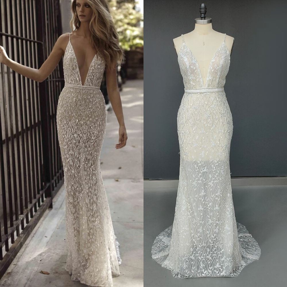 Sexy deep V-neck Spaghetti Straps Backless Lace Bridal Dress Sexy Wedding Dresses BlissGown 