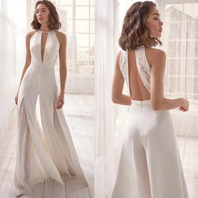Sexy Halter Jumpsuit Satin Wedding Dress Classic Wedding Dresses BlissGown White 2 