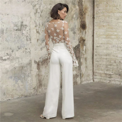 Sexy Illusion Flare Long Sleeve Jumpsuit Bridal Dress Sexy Wedding Dresses BlissGown 